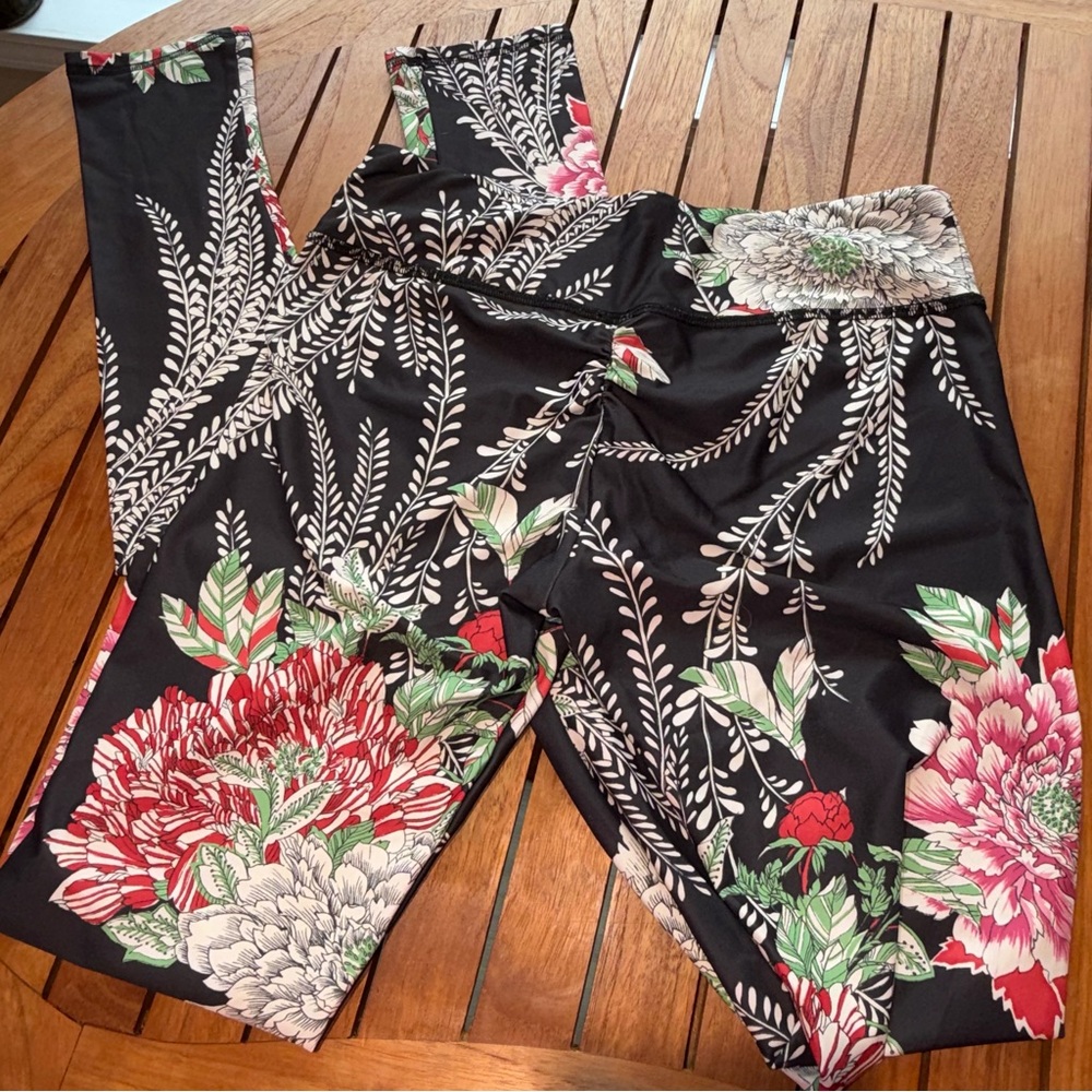 Floral Black Leggings with Red and Green Accents